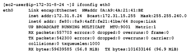 <strong>A Network Engineer is troubleshooting a network connectivity issue for an instance within a public subnet that cannot connect to the internet. The first step the Engineer takes is to SSH to the instance via a local bastion within the VPC and runs an ifconfig command to inspect the IP addresses configured on the instance. The output is as follows: The Engineer notices that the command output does not contain a public IP address. In the AWS Management Console, the public subnet has a route to the internet gateway. The instance also has a public IP address associated with it. What should the Engineer do next to troubleshoot this situation?</strong> A) Configure the public IP on the interface. B) Disable source/destination checking for the instance. C) Associate an Elastic IP address to the interface. D) Evaluate the security groups and the network access control list.