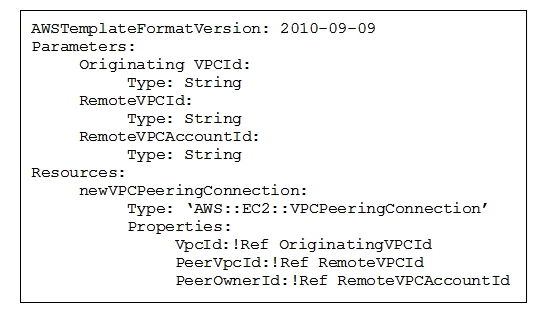 An AWS CloudFormation template is being used to create a VPC peering connection between two existing operational VPCs, each belonging to a different AWS account. All necessary components in the 'Remote' (receiving) account are already in place. The template below creates the VPC peering connection in the Originating account. It contains these components:   Which additional AWS CloudFormation components are necessary in the Originating account to create an operational cross-account VPC peering connection with AWS CloudFormation? (Choose two.)