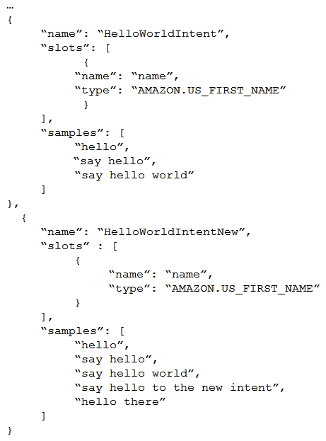 <strong>The information below details a portion of an interaction model in JSON: What is wrong with this interaction model?</strong> A) The intent naming convention is not valid in the situation. B) The two intents do not have unique slots. C) The two intents do not have unique utterances. D) The JSON is not properly constructed and would cause an error.