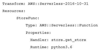 Given the source code for an AWS Lambda function in the local store.py containing a handler function called get_store and the following AWS CloudFormation template: What should be done to prepare the template so that it can be deployed using the AWS CLI command aws cloudformation deploy ?