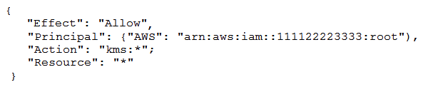 <strong>The Security Engineer created a new AWS Key Management Service (AWS KMS) key with the following key policy: What are the effects of the key policy? (Choose two.)</strong> A) The policy allows access for the AWS account 111122223333 to manage key access though IAM policies. B) The policy allows all IAM users in account 111122223333 to have full access to the KMS key. C) The policy allows the root user in account 111122223333 to have full access to the KMS key. D) The policy allows the KMS service-linked role in account 111122223333 to have full access to the KMS key. E) The policy allows all IAM roles in account 111122223333 to have full access to the KMS key.