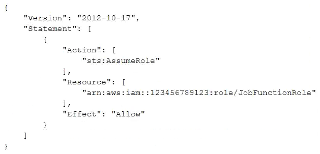 <strong>A company uses identity federation to authenticate users into an identity account (987654321987) where the users assume an IAM role named IdentityRole. The users then assume an IAM role named JobFunctionRole in the target AWS account (123456789123) to perform their job functions. A user is unable to assume the IAM role in the target account. The policy attached to the role in the identity account is: What should be done to enable the user to assume the appropriate role in the target account?</strong> A) Update the IAM policy attached to the role in the identity account to be: B) Update the trust policy on the role in the target account to be: C) Update the trust policy on the role in the identity account to be: D) Update the IAM policy attached to the role in the target account to be: