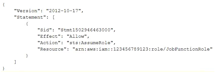 <strong>A company uses identity federation to authenticate users into an identity account (987654321987) where the users assume an IAM role named IdentityRole. The users then assume an IAM role named JobFunctionRole in the target AWS account (123456789123) to perform their job functions. A user is unable to assume the IAM role in the target account. The policy attached to the role in the identity account is: What should be done to enable the user to assume the appropriate role in the target account?</strong> A) Update the IAM policy attached to the role in the identity account to be: B) Update the trust policy on the role in the target account to be: C) Update the trust policy on the role in the identity account to be: D) Update the IAM policy attached to the role in the target account to be: