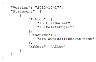 A group requires permissions to list an Amazon S3 bucket and delete objects from that bucket. An administrator has created the following IAM policy to provide access to the bucket and applied that policy to the group. The group is not able to delete objects in the bucket. The company follows least-privilege access rules.   Which statement should a solutions architect add to the policy to correct bucket access?