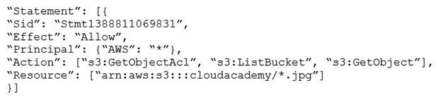 <strong>A sys admin has created the below mentioned policy and applied to an S3 object named aws. j p g. The aws. j p g is inside a bucket named cloudacademy. What does this policy define?  </strong> A) It is not possible to define a policy at the object level B) It will make all the objects of the bucket cloudacademy as public C) It will make the bucket cloudacademy as public D) the aws. j p g object as public <div style=padding-top: 35px> 