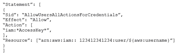<strong>An organization (Account ID 123412341234. has attached the below mentioned IAM policy to a user. What does this policy statement entitle the user to perform?  </strong> A) The policy allows the IAM user to modify all IAM users' access keys using the console, SDK, CLI or APIs B) The policy allows the IAM user to modify all IAM users' credentials using the console, SDK, CLI or APIs C) The policy allows the IAM user to modify all credentials using only the console D) The policy allows the IAM user to modify the IAM user's own credentials using the console, SDK, CLI or APIs <div style=padding-top: 35px> 