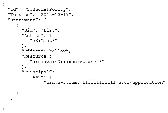 Application developers are reporting Access Denied errors when trying to list the contents of an Amazon S3 bucket by using the IAM user arn:aws:iam::111111111111:user/application . The following S3 bucket policy is in use: How should a SysOps Administrator modify the S3 bucket policy to fix the issue?