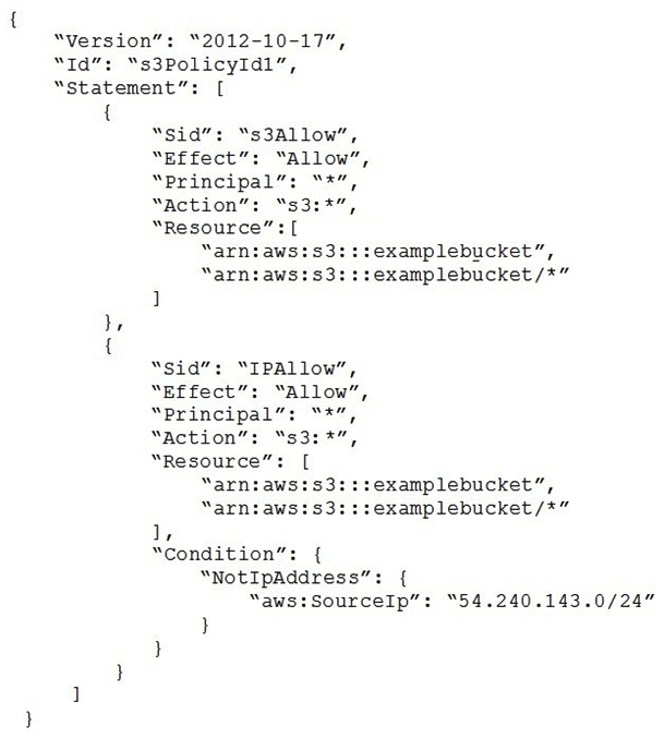 A SysOps Administrator implemented the following bucket policy to allow only the corporate IP address range of 54.240.143.0/24 to access objects in an Amazon S3 bucket.   Some employees are reporting that they are able to access the S3 bucket from IP addresses outside the corporate IP address range. How can the Administrator address this issue?