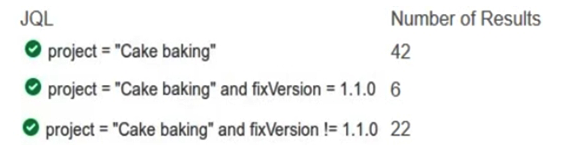 <strong>Tom has asked you why the numbers returned by his searches are not right. He shows you three JQL queries:   How can you fix this?</strong> A) Change the query to project = Cake Baking and fixVersion ~ 1.1.0. B) Change the query to project = Cake Baking and ( fixVersion is empty or fixVersion != 1.1.0 ). C) Rename the versions so they do not contain periods. D) Identify the missing issues and change the permissions so that everyone can see them. E) Change the query to project = Cake Baking and fixVersion not in (1.1.0). <div style=padding-top: 35px> 