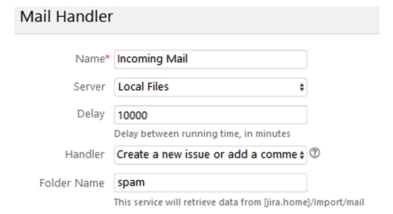 <strong>Inspect your current Incoming Mail Handler configuration:   Identify one reason why the current configuration is not fetching emails as planned.</strong> A) The blank space in the Incoming Mail Handler name will cause internal errors. B) The syntax of the specified Folder Name is invalid and should be corrected to '/spam'. C) A delay of 10000 minutes is not a valid setting and will cause an error. D) The external mail service is not able to write the messages to the specified folder. <div style=padding-top: 35px> 