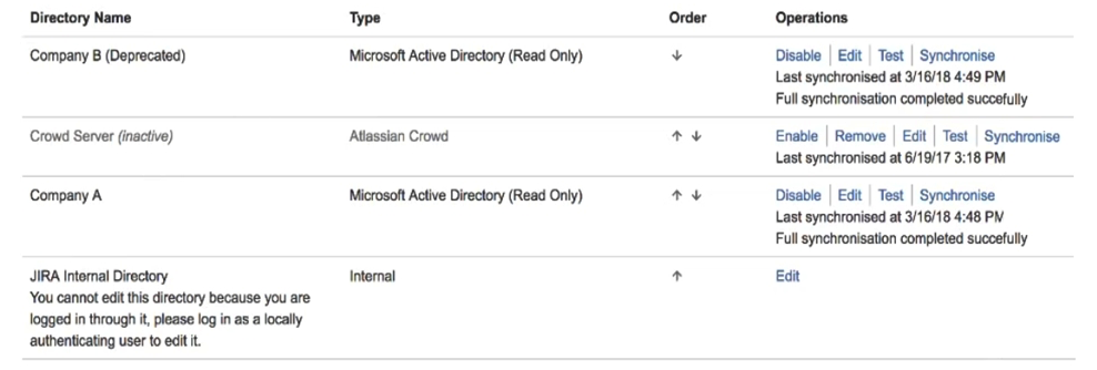 <strong>Your user directories are configured as shown:   The Active Directory administrators have just started the process of copying all the users from the old Company B directory to Company A directory. During this process, the group membership is being changed to allow for more fine-grained security control. A large number of migrated users complain that they do not have the correct new group memberships. Which configuration change should you perform?</strong> A) Reorder the directories so Company A is before Company B. B) Enable the Crowd user directory. C) Reorder the directories so the Jira Internal Directory is listed first. D) Synchronize the Company A directory. E) Disable the Company A directory. F) Disable the Company B directory. <div style=padding-top: 35px> 