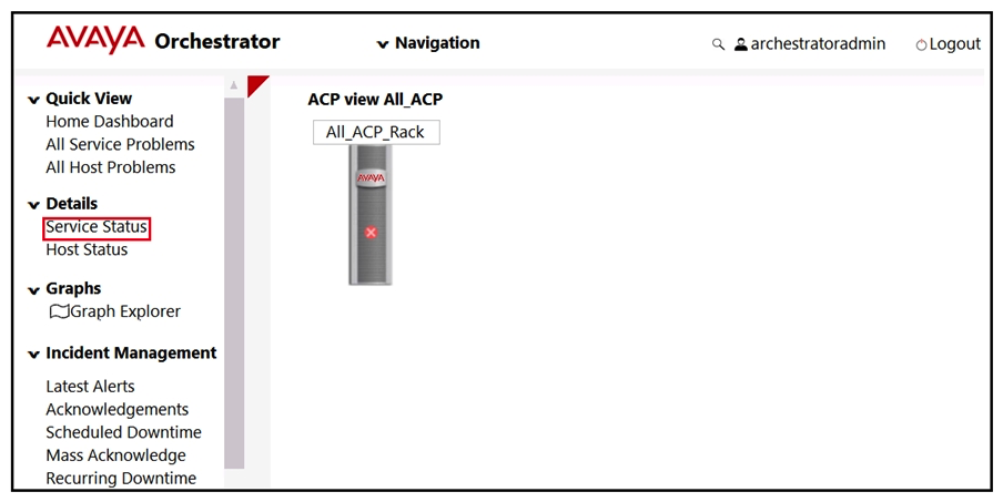 <strong>Refer to the exhibit. An administrator notices that the Rack View of Avaya Orchestrator is highlighted with a Red X on the graphical representation of the rack. What does this indicate?</strong> A) At least 50% of the hosts in the rack contain a service which is in critical state. B) The rack has a front door that is currently unlocked. C) The rack is currently unreachable. D) At least one of the hosts in the rack contains a service which is in critical state.