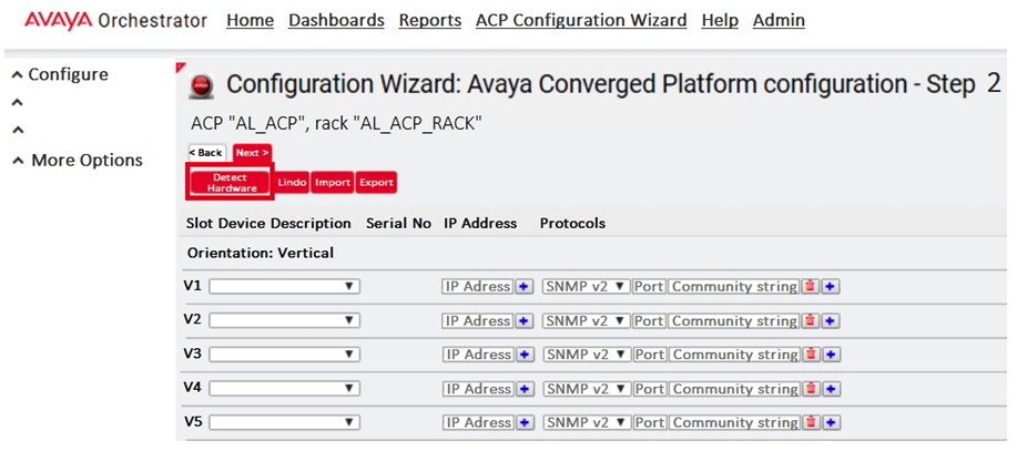 <strong>Refer to the exhibit. An administrator is trying to add a new VSP to the ACP 4200 rack. However, when the Configuration Wizard is run and the 'Detect Hardware' button is clicked, the VSP cannot be detected. What is potentially causing this to happen?</strong> A) The VSP has not been configured with the correct slot in Configuration Wizard. B) The VSP has not been configured with the correct Device Description in Configuration Wizard. C) The VSP has not been configured with the correct Protocol in Configuration Wizard. D) The VSP's device credentials has not been configured correctly in System Manager.