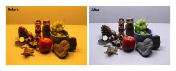 <strong>Which setting would best adjust a hard yellow tint as shown in the pictures below? </strong> A) Image contrast B) White balance C) Color saturation D) Image brightness