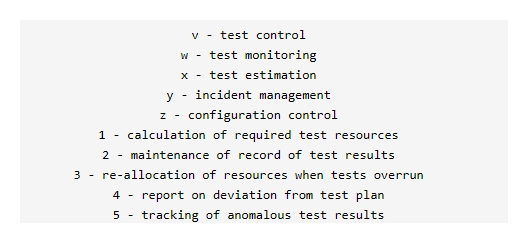 <strong>Given the following sets of test management terms (v-z), and activity descriptions (1-5), which one of the following best pairs the two sets? </strong> A) v-3,w-2,x-1,y-5,z-4 B) v-2,w-5,x-1,y-4,z-3 C) v-3,w-4,x-1,y-5,z-2 D) v-2,w-1,x-4,y-3,z-5