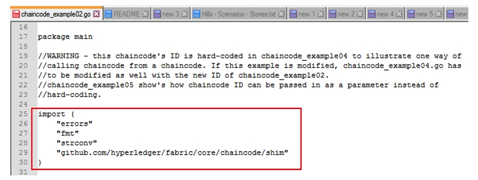 <strong>Please review the chaincode below and select what import is specifying. </strong> A) Menu Choices B) Installation requirements C) Dependencies D) Logging requests