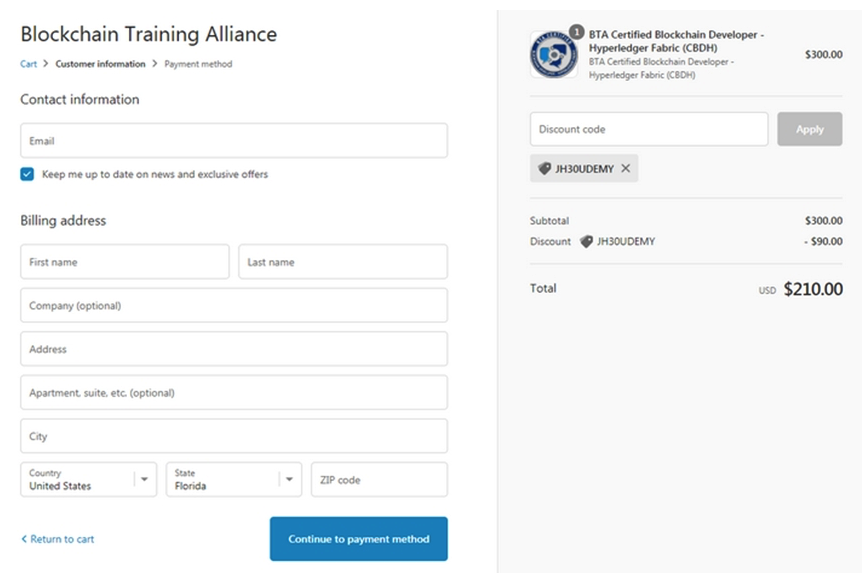 <strong>Did you know that Blockchain Training Alliance offers a discount for Udemy students to save $90.00 on any BTA Exam? .</strong> A) NO, that's ok Use Code JH30UDEMY B) YES, Use Code JH30UDEMY