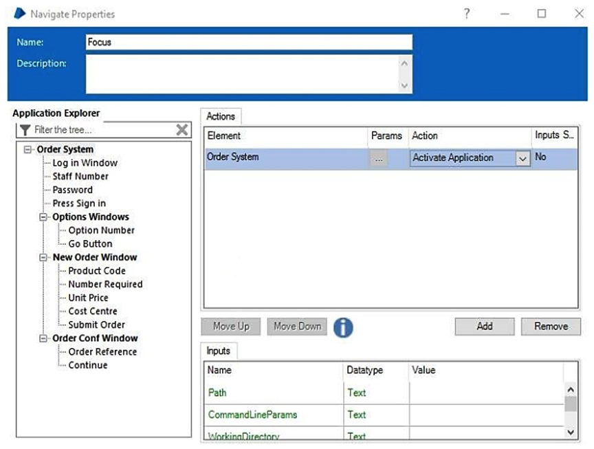 <strong>The Order System application has been successfully launched and Blue Prism has navigated the application to the following screen: There is a requirement to ensure this screen is in focus before any further interfacing is done with the screen. Which is the correct configuration to ensure the New Order screen is in focus?</strong> A) B) C) D)