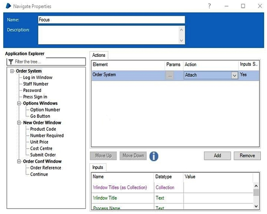 <strong>The Order System application has been successfully launched and Blue Prism has navigated the application to the following screen: There is a requirement to ensure this screen is in focus before any further interfacing is done with the screen. Which is the correct configuration to ensure the New Order screen is in focus?</strong> A) B) C) D)
