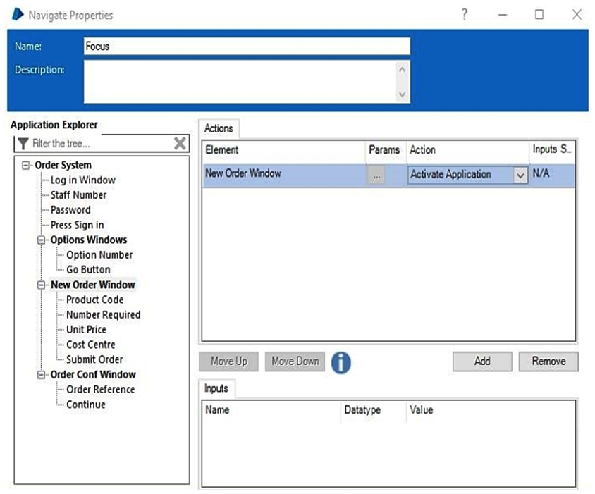 <strong>The Order System application has been successfully launched and Blue Prism has navigated the application to the following screen: There is a requirement to ensure this screen is in focus before any further interfacing is done with the screen. Which is the correct configuration to ensure the New Order screen is in focus?</strong> A) B) C) D)