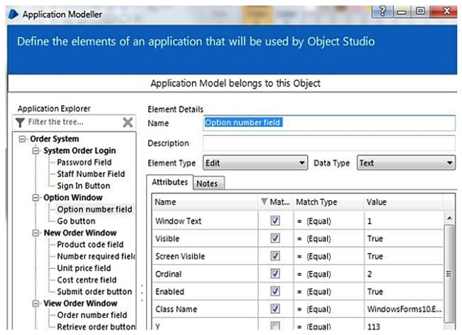 <strong>When entering an option within the Training Order system the relevant option number is entered into the Option number field as below. The Option number input field has been spied in Blue Prism: The following attribute set has been returned by Application Modeller: Which Attribute can be un-ticked to ensure consistent visibility of the element to Blue Prism?</strong> A) Window Text B) Visible C) Screen Visible D) Class Name