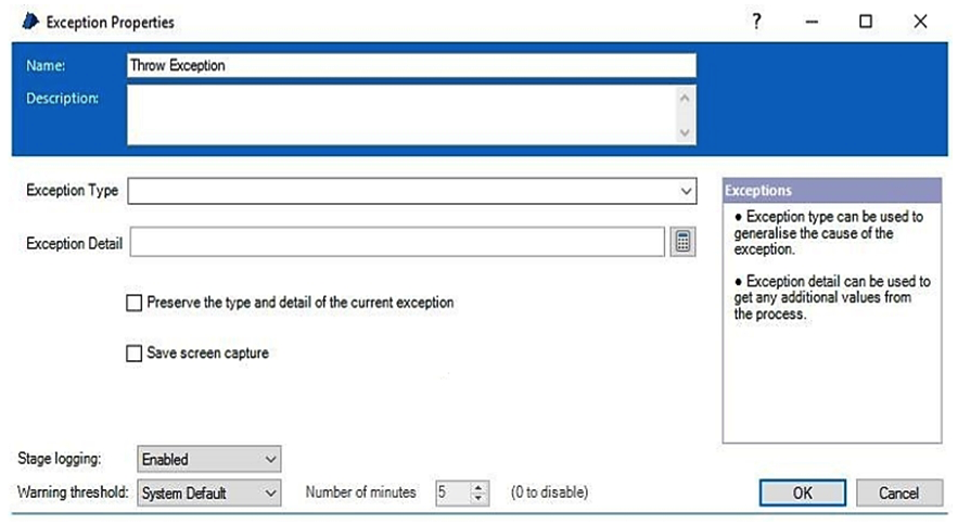 <strong>Examine the flow below: An error has been encountered on Page1 and the exception has bubbled up to be recovered in the Recover1 stage. The 'Yes' path has been taken from the Throw new Exception? decision stage. Consider the Throw Exception stage properties below: How should the properties be configured for the Process to throw a new Business exception, i.e. a different exception to the one encountered in Page1?</strong> A) Configure Exception Type() in the Exception Type field and ExceptionDetail() in the Exception Detail field. Leave the Preserve the type and detail of the current exception checkbox un-ticked. B) Tick the Preserve the type and detail of the current exception checkbox. Leave the Exception Type and Exception Detail fields blank. C) Leave the Exception Type field blank and type Business Exception in the Exception Detail field. D) Type Business Exception in the Exception Type field and type a custom message in the Exception Detail field.