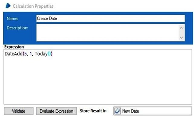 <strong>A process contains only 4 stages. Study the following process below: The data item 'New Date is a date data item with no initial value. The calculation stage is configured as follows: What will happen when you execute the Create Date stage?</strong> A) 5 days will be added to today's date and the result stored in the New Date data item. B) 1 month will be added to today's date and the result stored in the New Date data item. C) 1 week will be added to today's date and the result stored in the New Date data item. D) The process will throw an exception as the New Date data item is null.