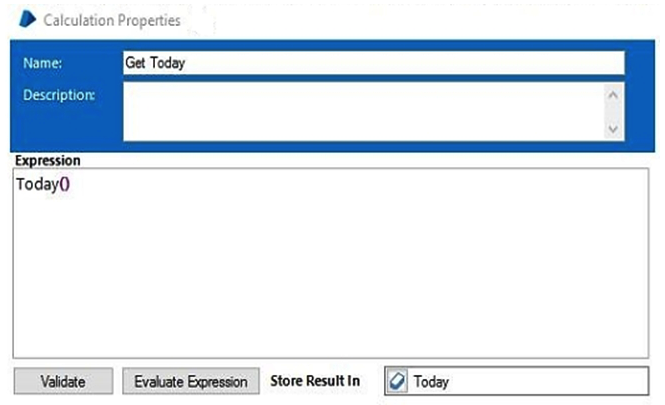 <strong>The following Calculation Stage uses the Todays function to get the current date as a date value and place it in a data item entitled Today. Which of the following statements is correct?</strong> A) If the data item Today is configured with a Data Type of Text, an exception will be thrown on execution of the calculation stage B) If the data item Today is configured with a Data Type of Date, an exception will be thrown on execution of the calculation stage C) If the data item Today is configured with a Data Type of Date Time, an exception will be thrown on execution of the calculation stage D) None of these statements are correct