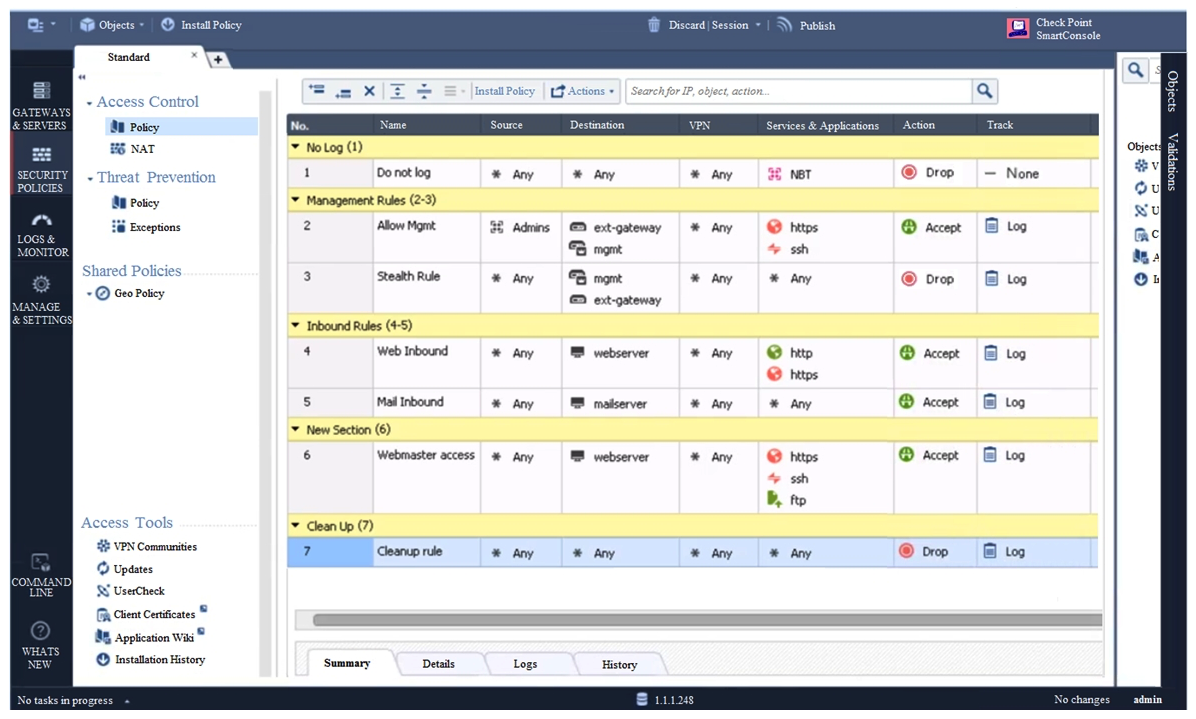 Examine the sample Rule Base. What will be the result of a verification of the policy from SmartConsole?