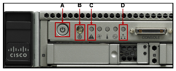 <strong>Refer to the exhibit. Which statement correctly identifies the front panel LEDs on the Cisco UCS C220 Server?</strong> A) A is power button and power status LED; B is identification button and LED; C is system status LED; D is network link activity LED. B) A is network link activity LED; B is system status LED; C is power button and power status LED; D is identification button and LED. C) A is system status LED; B is network link activity LED; C is power button and power status LED; D is identification button and LED. D) A is network link activity LED; B is system status LED; C is identification button and LED; D is power button and power status LED.