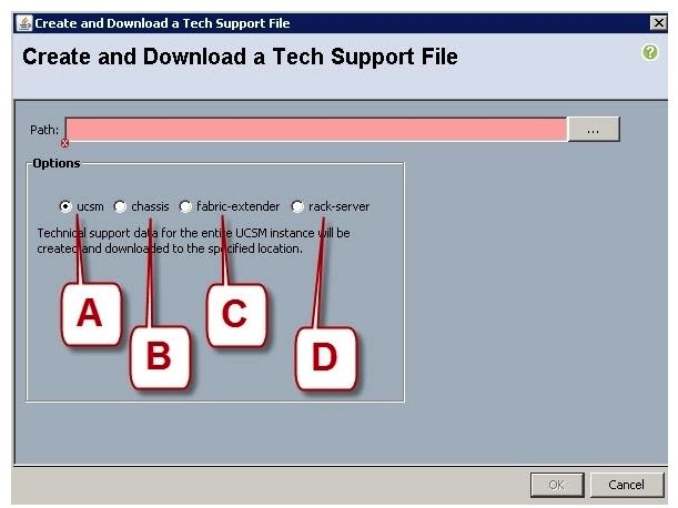 <strong>Refer to the exhibit. Which option should you select to get the output of the show tech-support detail command for the Cisco UCS B-Series blade?</strong> A) A - ucsm B) B - chassis C) C - fabric-extender D) D - rack-server