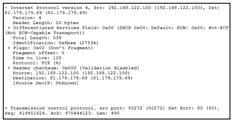 <strong> Refer to the exhibit. What should be interpreted from this packet capture?</strong> A) IP address 179.179.69/50272/192.168.122.100/80/6 is sending a packet from port 80 of IP address 192.168.122.100 that is going to port 50272 of IP address 81.179.179.69 using IP protocol 6. B) IP address 192.168.122.100/50272/81.179.179.69/80/6 is sending a packet from port 50272 of IP address 192.168.122.100 that is going to port 80 of IP address 81.179.179.69 using IP protocol 6. C) IP address 192.168.122.100/50272/81.179.179.69/80/6 is sending a packet from port 80 of IP address 192.168.122.100 that is going to port 50272 of IP address 81.179.179.69 using IP protocol 6. D) IP address 179.179.69/50272/192.168.122.100/80/6 is sending a packet from port 50272 of IP address 192.168.122.100 that is going to port 80 of IP address 81.179.179.69 using IP protocol 6.