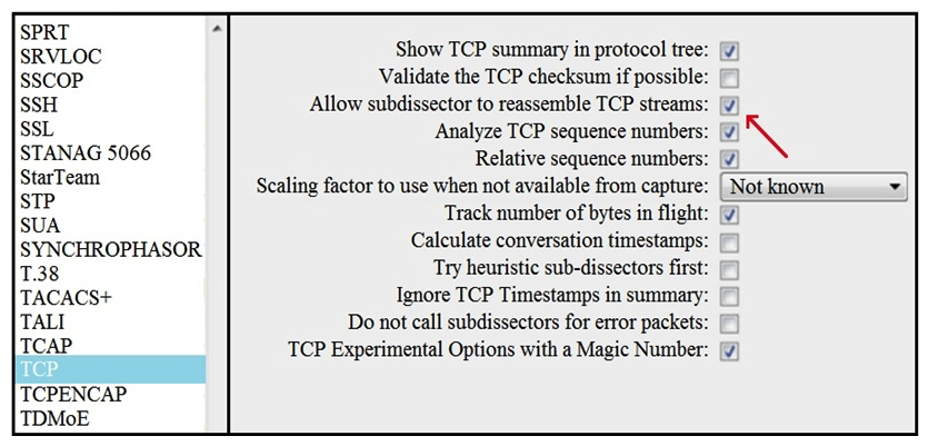 Refer to the exhibit. What is the expected result when the Allow subdissector to reassemble TCP streams feature is enabled?