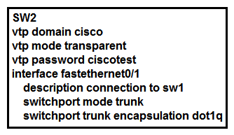 <strong> Refer to the exhibit. How does SW2 interact with other switches in this VTP domain?</strong> A) It transmits and processes VTP updates from any VTP clients on the network on its trunk ports. B) It processes VTP updates from any VTP clients on the network on its access ports. C) It receives updates from all VTP servers and forwards all locally configured VLANs out all trunk ports. D) It forwards only the VTP advertisements that it receives on its trunk ports.