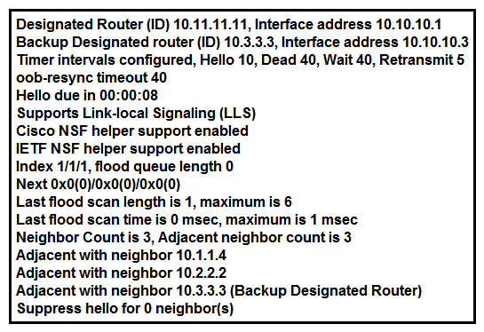 <strong> Refer to the exhibit. The show ip ospf interface command has been executed on R1. How is OSPF configured?</strong> A) A point-to-point network type is configured. B) The interface is not participating in OSPF. C) The default Hello and Dead timers are in use. D) There are six OSPF neighbors on this interface.