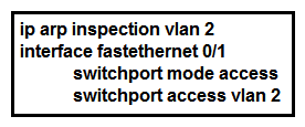 <strong> Refer to the exhibit. What is the effect of this configuration?</strong> A) The switch port remains administratively down until the interface is connected to another switch. B) Dynamic ARP Inspection is disabled because the ARP ACL is missing. C) The switch port interface trust state becomes untrusted. D) The switch port remains down until it is configured to trust or untrust incoming packets.