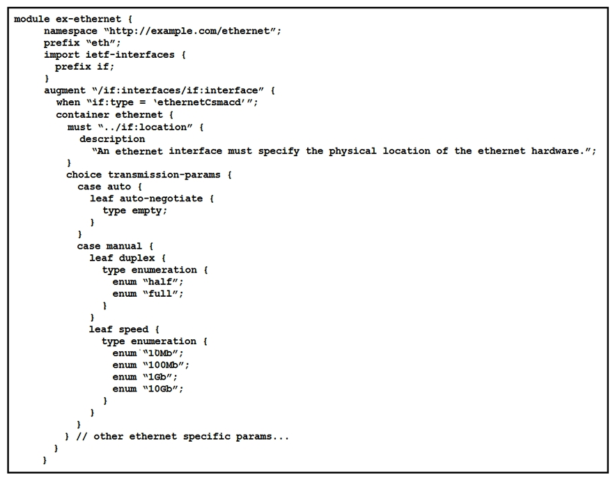 <strong>Refer to the exhibit. What is represented in this YANG module?</strong> A) interface management B) BGP C) OpenFlow D) topology