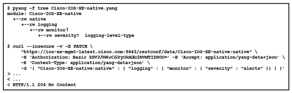 <strong>Refer to the exhibit. The definition of the YANG module and a RESTCONF query sent to a Cisco IOS XE device is shown. Which statement is correct if the RESTCONF interface responds with a 204 status code?</strong> A) The query retrieved the logging severity level. B) The query updated the logging severity level or created it if not present on the device. C) The query failed at retrieving the logging severity level. D) The query failed to set the logging severity level due to an invalid path.