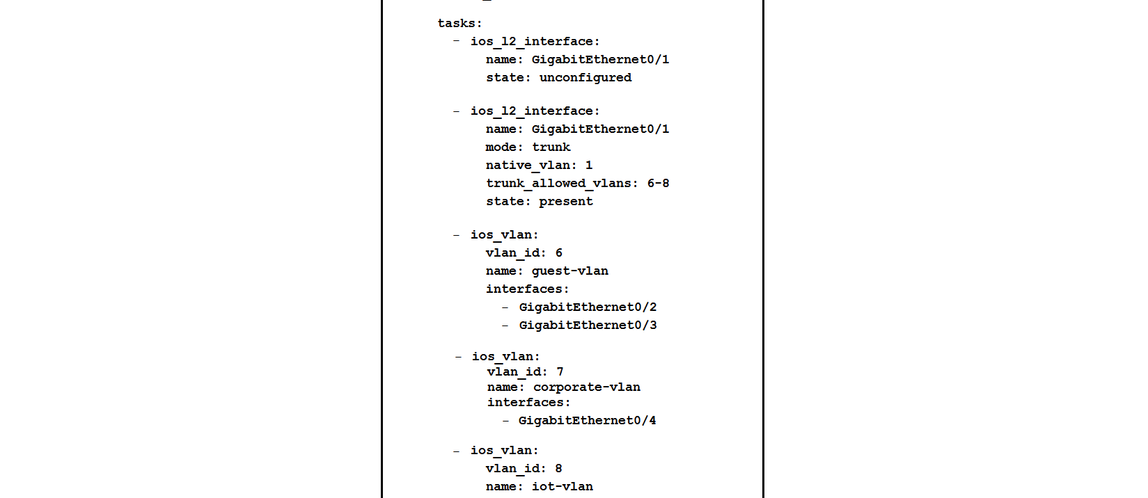 <strong>Refer to the exhibit. Which two statements describe the configuration of the switch after the Ansible script is run? (Choose two.)</strong> A) Traffic from ports 0/2 to 0/5 can flow on port 0/1 due to the trunk. B) GigabitEthernet0/1 is left unconfigured. C) GigabitEthernet0/2 and GigabitEthernet0/3 are access ports for VLAN 6. D) Traffic can flow between ports 0/2 to 0/5 due to the trunk on port 0/1. E) Traffic on ports 0/2 and 0/3 is connected to port 0/6.