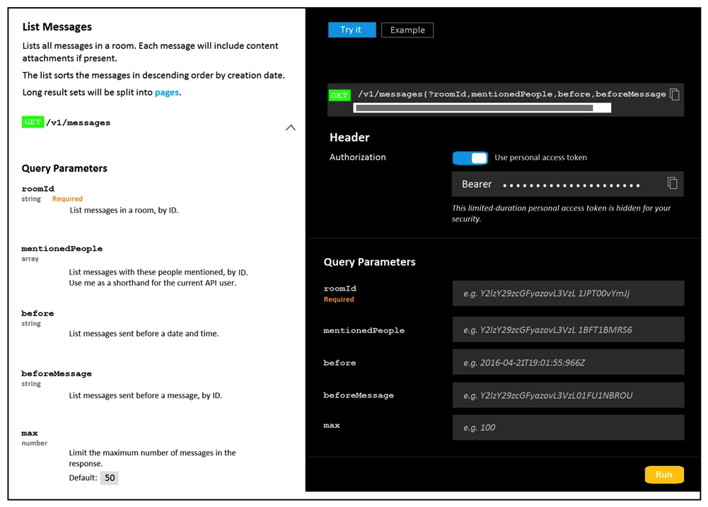 <strong>Refer to the exhibits. A developer is troubleshooting an API with the given API documentation and cURL command. What is the cause of this problem?</strong> A) The authorization header is missing or incomplete. B) The request body is missing or incomplete. C) The API token specified is expired. D) The user is not allowed to post messages from their account.