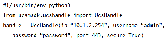 <strong>Refer to the exhibit. Given the API documentation for the UCS SDK Python class, UcsHandle, which code snippet creates a handle instance?</strong> A) B) C) D)