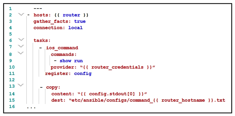 <strong>Refer to the exhibit. What is the effect of this Ansible playbook on an IOS router?</strong> A) A new running configuration is pushed to the IOS router. B) The start-up configuration of the IOS router is copied to a local folder. C) The current running configuration of the IOS router is backed up. D) A new start-up configuration is copied to the IOS router.
