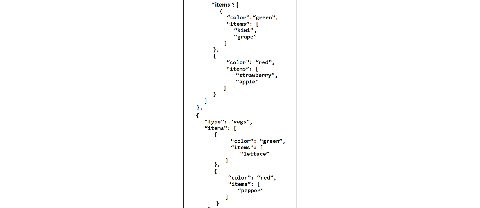 <strong>Refer to the exhibit.   A REST API returns this JSON output for a GET HTTP request, which has been assigned to a variable called vegetables. Using Python, which output is the result of this command? print(filter(lambda 1: 1['type'] == 'fruit', vegetables) [0]['items'][0]['items'][0])</strong> A) {'color': 'green', 'items': ['kiwi', 'grape']} B) ['kiwi', 'grape'] C) lettuce D) kiwi <div style=padding-top: 35px> 