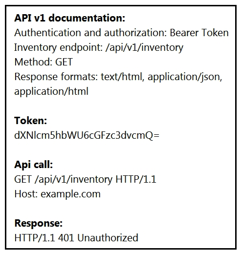 <strong>Refer to the exhibit. An API call is constructed to retrieve the inventory in XML formal by using the API. The response to the call is 401 Unauthorized. Which two headers must he added to the API call? (Choose two.)</strong> A) Bearer-Token: dXNlcm5hbWU6cGFzc3dvemQ= B) Content-Type: application/xml C) Authentication: Bearer dXNlcm5hbWU6cGFzc3dvemQ= D) Accept: application/xml E) Authorization: Bearer dXNlcm5hbWU6cGFzc3dvemQ=