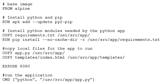 Refer to the exhibit. Which function does the EXPOSE line perform when building an image from this Dockerfile?