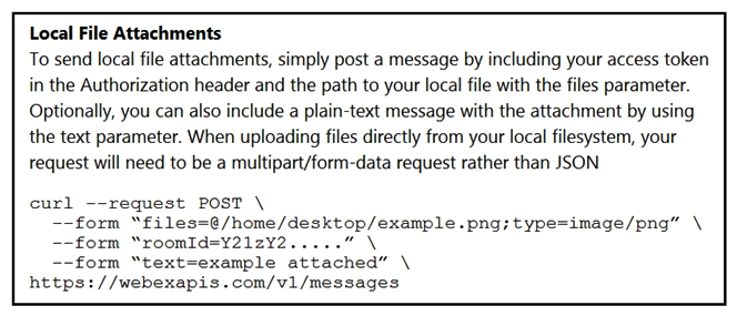 Refer to the exhibit. A developer needs to upload a local file by using the REST API. The developer gathers information according to the documentation and sends the request by using the cURL command in the exhibit but gets an error code. Which action should be followed to get a valid response?