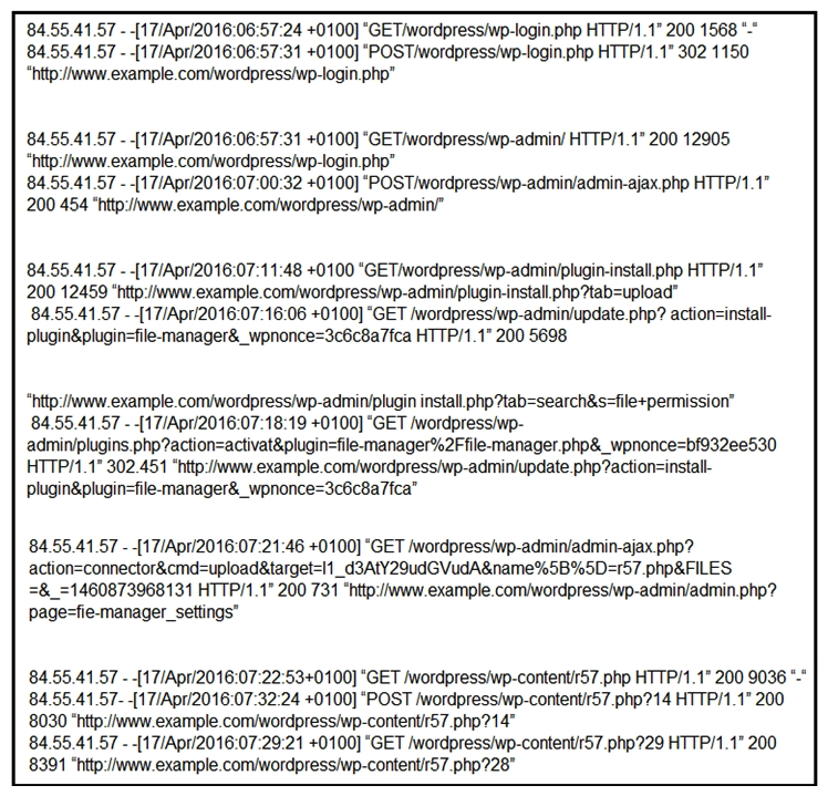 Refer to the exhibit. Which two determinations should be made about the attack from the Apache access logs? (Choose two.)