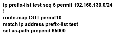 <strong>R2 has a locally originated prefix 192.168.130.0/24 and has these configurations: What is the result when the route-map OUT command is applied toward an eBGP neighbor R1 (1.1.1.1) by using the neighbor 1.1.1.1 route-map OUT out command?</strong> A) R1 sees 192.168.130.0/24 as two AS hops away instead of one AS hop away. B) R1 does not accept any routes other than 192.168.130.0/24 C) R1 does not forward traffic that is destined for 192.168.30.0/24 D) Network 192.168.130.0/24 is not allowed in the R1 table