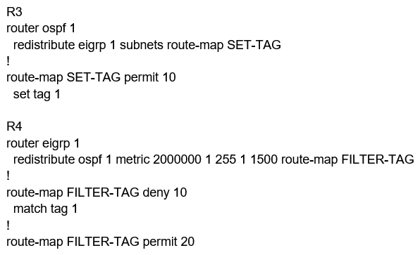 <strong>Refer to the exhibit. The output of the trace route from R5 shows a loop in the network. Which configuration prevents this loop? </strong> A) B) C) D)