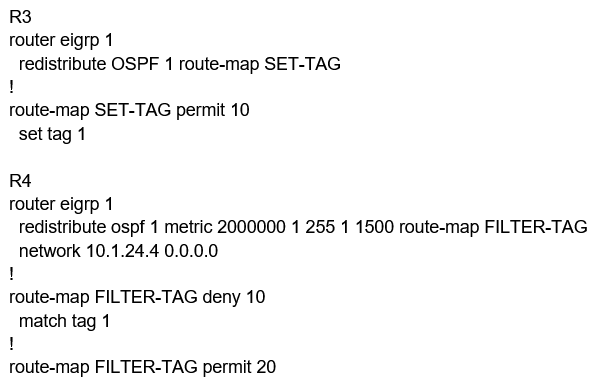 <strong>Refer to the exhibit. The output of the trace route from R5 shows a loop in the network. Which configuration prevents this loop? </strong> A) B) C) D)